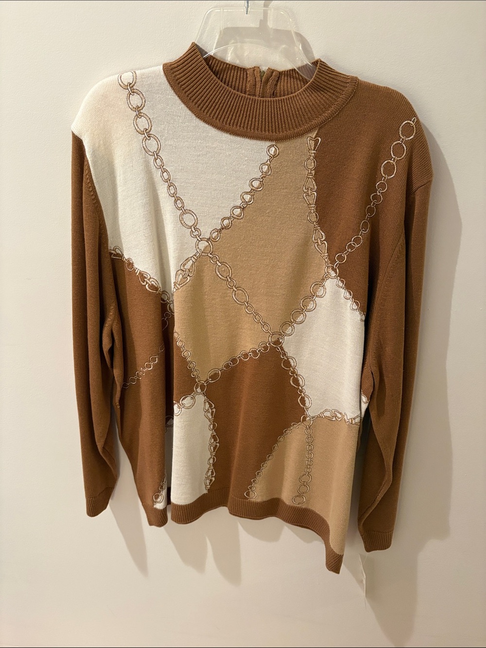 Alfred Dunner Chain-Print Turtleneck Sweater — Brown, Cream, Tan